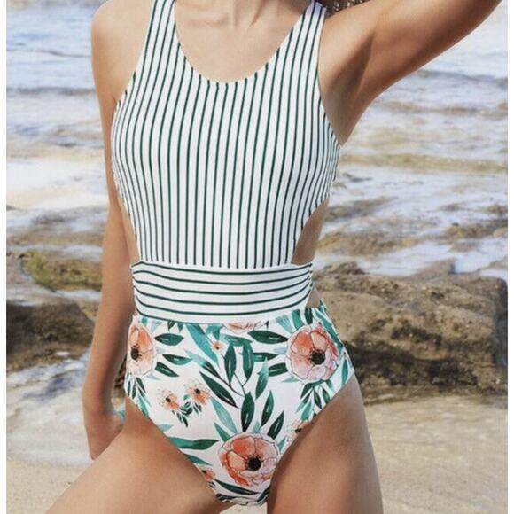 Cupshe Striped Floral island One Piece Swimsuit Cut Out Zip Up Swimwear Women S - Picture 1 of 6